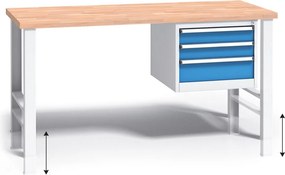 Stół warsztatowy z regulacją wysokości G3, 1500 x 685 x 840-1050 mm, 1x 3 szufladowy kontener, niebieski