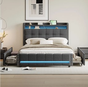 Łóżko tapicerowane 140 x 200 cm z wezgłowiem i 4 szufladami - LED + port USB - Tkanina lniana - Szare (bez materaca)