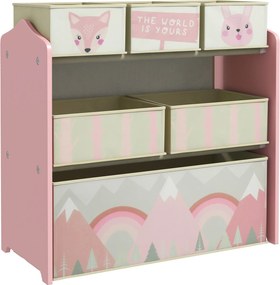 ZONEKIZ Regał dziecięcy z 6 pojemnikami tkaninowymi, uroczy design, 63×30×66 cm, różowy