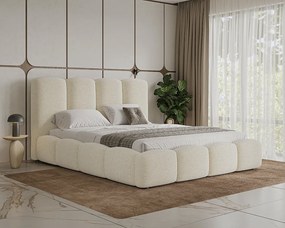 BESILIO Łóżko chmurka z pojemnikiem i stelażem 180x200 Fluffy - łóżko tapicerowane tkanina boucle/baranek, łóżko gruba pianka - Beżowy