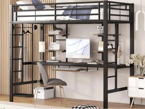 Łóżko mezzanine 90x200cm - z biurkiem i półkami - metalowa rama - Czarny