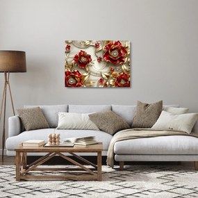 Obraz na szkle - 3D czerwono-złote kwiaty (70x50 cm)
