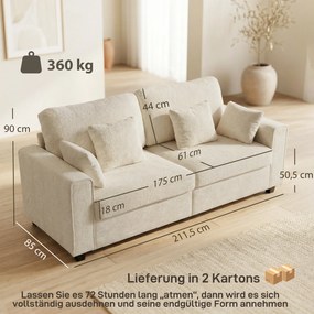 HOMCOM Beżowa Sofa 3-osobowa z Tkaniną o Strukturze Weluru, Głębokim Siedziskiem, Poduszkami z Pianki, Szerokimi Podłokietnikami i 4 Poduszkami | Aosom PL