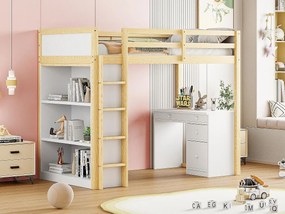 Łóżko mezzanine 90x200 cm - z meblami do przechowywania i biurkiem - z litego drewna - naturalne