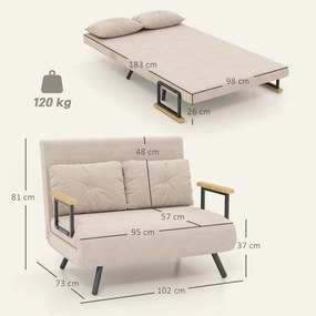 HOMCOM Sofa 2 osobowa z funkcją spania aksamitna z 2 poduszkami w kolorze naturalnym beżowym czarnym | Aosom PL
