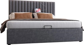 Łóżko z pojemnikiem na pościel 160x200 cm - z zagłówkiem ze schowkiem, oświetleniem LED, portem USB, portem USB typu C, stelażem - len - szare - materac w cenie