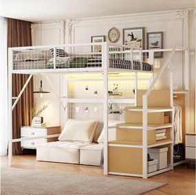 Łóżko piętrowe metalowe dla dzieci - 140 x 200 cm - z szafą + oświetlenie LED + schowek w schodach - MDF + Metal - białe