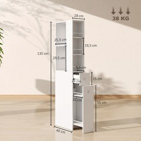 HOMCOM Wysoki, smukły słupek łazienkowy 135 cm z 2 szufladami, 2 bocznymi półkami, 3 przegrodami, 18x40x135 cm, Biały | Aosom PL
