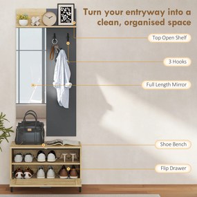 HOMCOM Zestaw garderoby do przedpokoju, ławka na buty, lustro, 3 haczyki, otwarta półka, meble do przedpokoju, drewno naturalne+szary