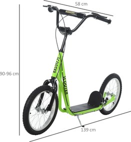 HOMCOM hulajnoga dziecięca hulajnoga miejska hulajnoga dziecięca opony pneumatyczne 16 cali zielona 139 x 58 x 90-96 cm regulowana aluminiowa