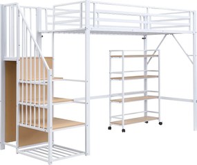 Łóżko piętrowe metalowe 90x200 cm z 4-poziomową półką na kółkach, barierką zabezpieczającą, szafą narożną z drążkiem na wieszaki, kolor biały i naturalny