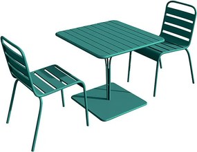 Zestaw mebli jadalnianych ogrodowych z metalu - stół o dł. 80 cm i 2 sztaplowane krzesła - Błękit morski - MIRMANDE marki MYLIA
