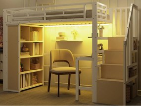 Łóżko na antresoli 90x200 cm - z biurkiem + przegródkami do przechowywania - z taśmą LED - z drabiną - Biały (materac nie jest wliczony w cenę)