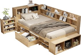 Łóżko dziecięce z pojemnikiem - 90 x 200 cm - z wysuwanymi szufladami nocnymi + półka - sklejka - naturalne