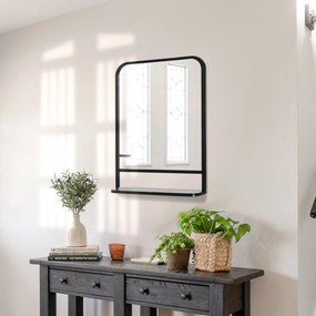 HOMCOM lustro ścienne z półką czarne metalowe zaokrąglone krawędzie stylowe lustro do łazienki 70x50 | Aosom PL