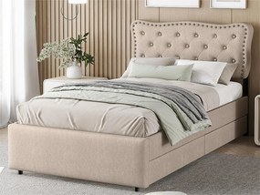 Łóżko tapicerowane z tkaniny lnianej z 2 szufladami - 90x200cm - wezgłowie ozdobione ćwiekami - Taupe