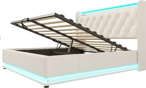 Łóżko z pojemnikiem 140x200 cm, łóżko dla dorosłych z oświetleniem LED i portem USB typu C - białe PU (bez materaca)