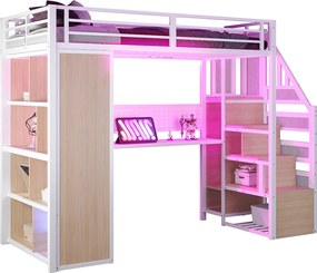 Łóżko piętrowe metalowe dla dzieci - 90 x 200 cm - z szafą + schodami do przechowywania + biurkiem + regałem - metal + płyta MDF - białe