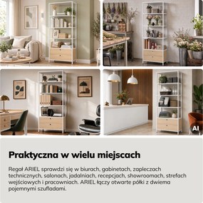 Regał z szufladami do biura, na segregatory i dokumenty, otwarte półki, metalowy, biały/dąb sonoma, 800x2200x400 mm: ARIEL Eco Design