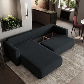Masseno Narożnik TURIN z funkcją spania i pojemnikiem na pościel do Salonu, Rozkładana sofa - Czarny, SORO 100