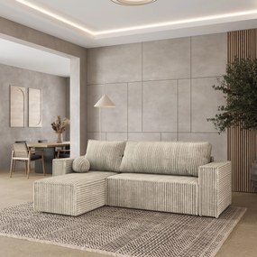 Masseno Narożnik RAVELO z funkcją spania i pojemnikiem na pościel Narozniki L, Rozkładana sofa - Kremowy, TILIA 03