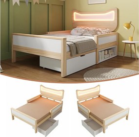 Łóżko dziecięce 90 x 190 cm z zagłówkiem + oświetlenie LED + szuflada modułowa + barierki zabezpieczające - drewno - kolor naturalny + biały
