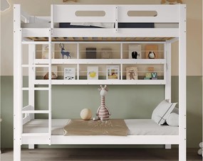 Łóżko piętrowe 90x200 cm - z otwartymi półkami - Drewno lite + MDF - Biały (bez materaca)