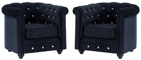 Zestaw 2 foteli CHESTERFIELD – Welur w kolorze czarnym i kryształowe guziki