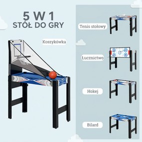 SPORTNOW Stół do gier 5 w 1, bilard, tenis stołowy, hokej, koszykówka, łucznictwo, akcesoria w zestawie, MDF, tworzywo sztuczne, niebieski