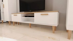 Długa szafka RTV na dębowych nóżkach biały + hikora 160 cm A6-P46