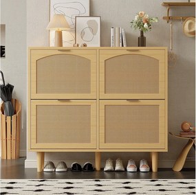 Szafka na buty z rattanu - 100 x 25 x 90,3 cm - z 4 wysuwanymi szufladami - płyta wiórowa - naturalny