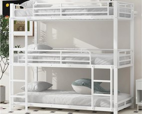 Łóżko piętrowe potrójne - 3x90x200cm - stalowa rama - Biały