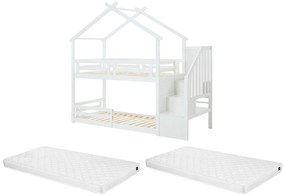 Łóżko piętrowe domek 90 x 190 cm - Sosna i MDF + Materac - Biały - TALETY