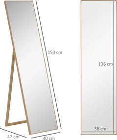 HOMCOM Lusterko Stojące Pełnowymiarowe Srebrne z Jasnobrązową Ramą Eleganckie do Sypialni i Garderoby | Aosom PL