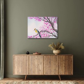 Obraz - ptak na drzewie z różowymi kwiatami (70x50 cm)