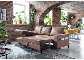 Brązowy narożnik rozkładany z imitacji skóry Miuform Lofty Lilly Vintage, lewostronny