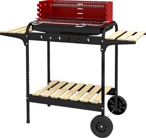 Outsunny Grill węglowy z metalu BBQ Smoker na kółkach, ruszt regulowany na wysokość, drewniana półka 103x47x95 cm Czerwony