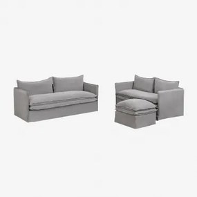 Zestaw Do Salonu Z Sofą Dwuosobową, Sofą Trzyosobową I Pufą Z Lnu I Bawełny Grace Tkaniny Dark Grey - Sklum