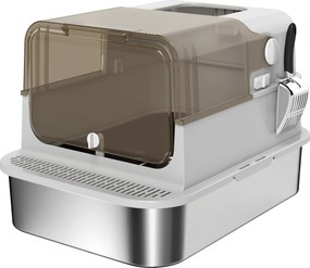 PawHut XXL Toaleta dla kotów ze stali nierdzewnej z klapą, kuweta z łopatką, dla dużych kotów do 20 kg, łatwa do czyszczenia, neutralizująca zapachy, Szara