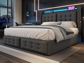 Łóżko z pojemnikiem 180x200cm z tkaniny lnianej - z LED i portami ładowania - Szare