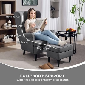 HOMCOM Fotel z podnóżkiem, z nogami z drewna kauczukowego, pokrycie materiałowe, szary