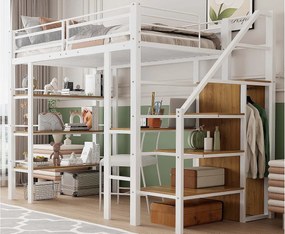 Łóżko mezzanine 90x200cm z metalu - z biurkiem i schowkami - Białe