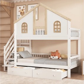 Łóżko piętrowe 90x200 cm - z 2 szufladami, półkami, stelażem - kolor biały i naturalny