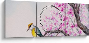 Obraz - ptak na drzewie z różowymi kwiatami (z zegarem) (90x30 cm)