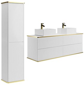 Podwieszana szafka łazienkowa prążkowana  z podwójną kwadratową umywalką nablatową i słupkiem - Biała - 150 cm - KELIZA