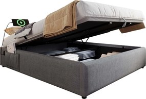 Łóżko 160 x 200 cm z pojemnikiem - Łóżko dziecięce z portem USB i kieszenią - szary len - bez materaca