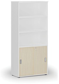 Szafa biurowa kombinowana PRIMO WHITE, drzwi przesuwne na 2 poziomach, 1781 x 800 x 420 mm, biały/brzoza