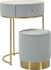 Toaletka Vellit z pufą w jasnoniebieskim aksamicie i złotym metalu – elegancki i funkcjonalny design do sypialni i salonu kosmetycznego – 14288000CL