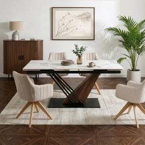 Stół Rozkładany Prostokątny REX 2 180-240 cm Ceramiczny Biały Marmur/Orzech do Jadalni Nowoczesny Loft
