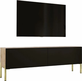 Szafka RTV: Dąb Wotan / Czarny Mat, nogi złote, 140 x 52 x 32 cm